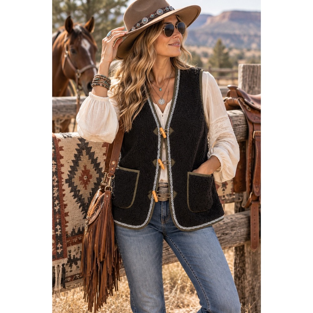 DOKOTOO Women Black Sherpa Vest Teddy Fleece Toggle Boho Western Vest NWT